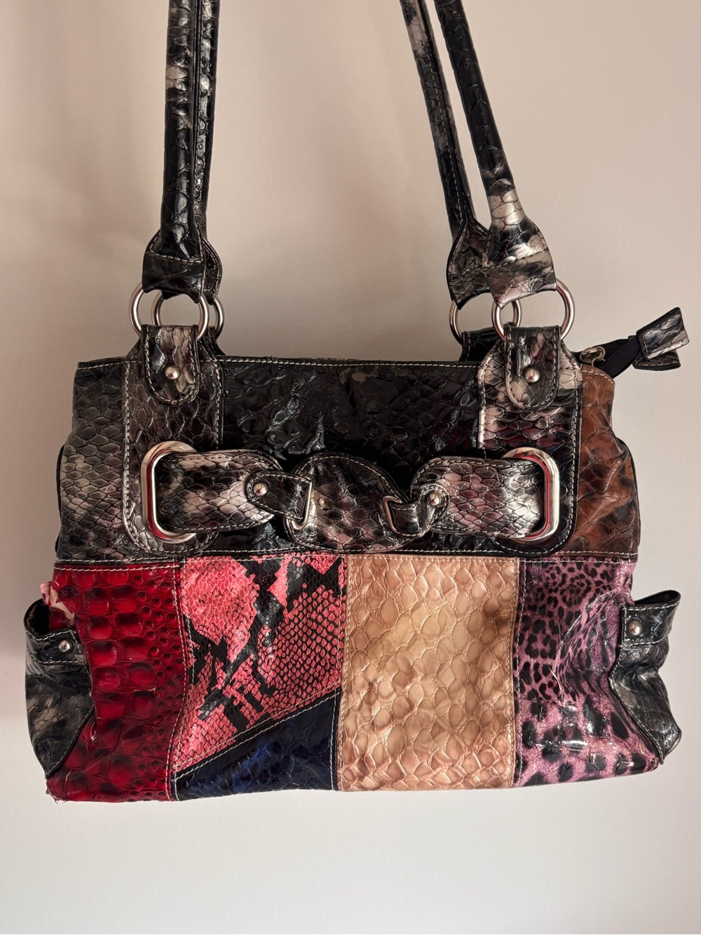 Y2K Multi-Color Patchwork Snake-Print Shoulder Bag